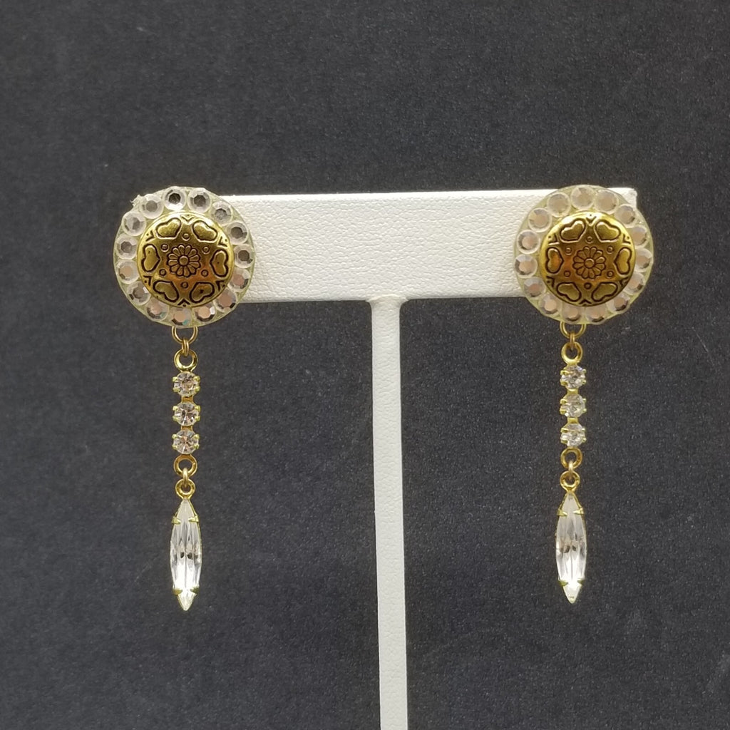 Pierced Earrings Gold tone Heart Flower Button Faceted Crystal Dangle 2 1/4"