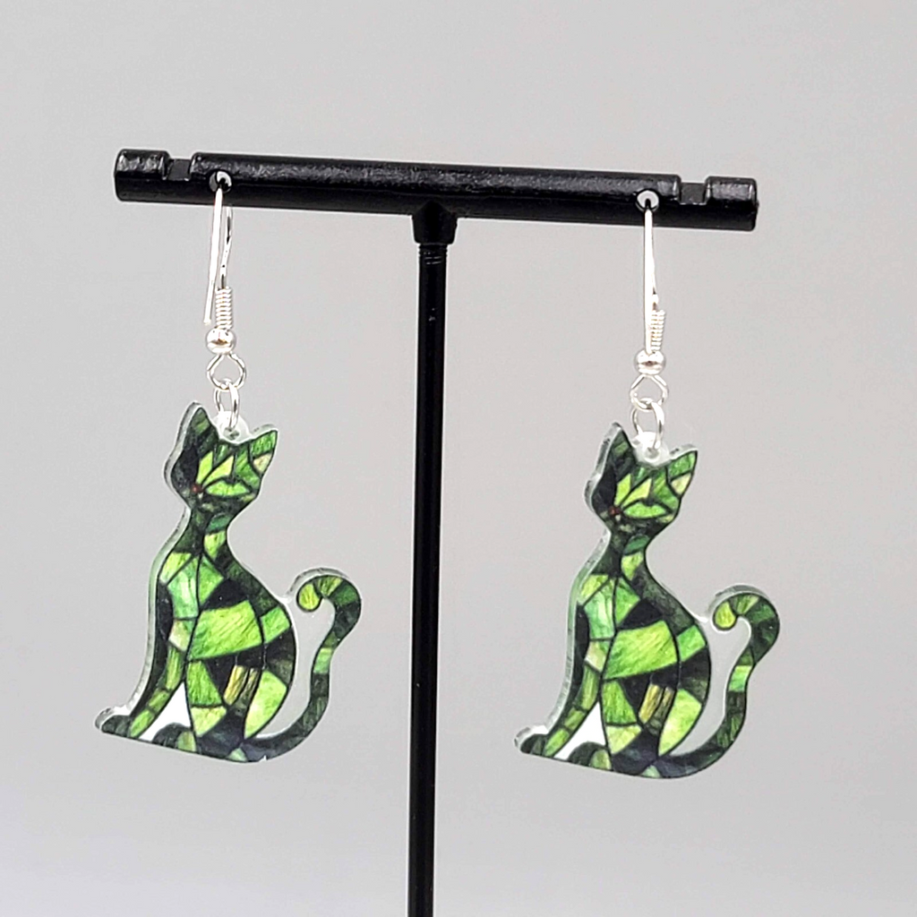 Green Kitty Cat Pierced Earrings Acrylic Mosaic Pattern Dangle 1.5"