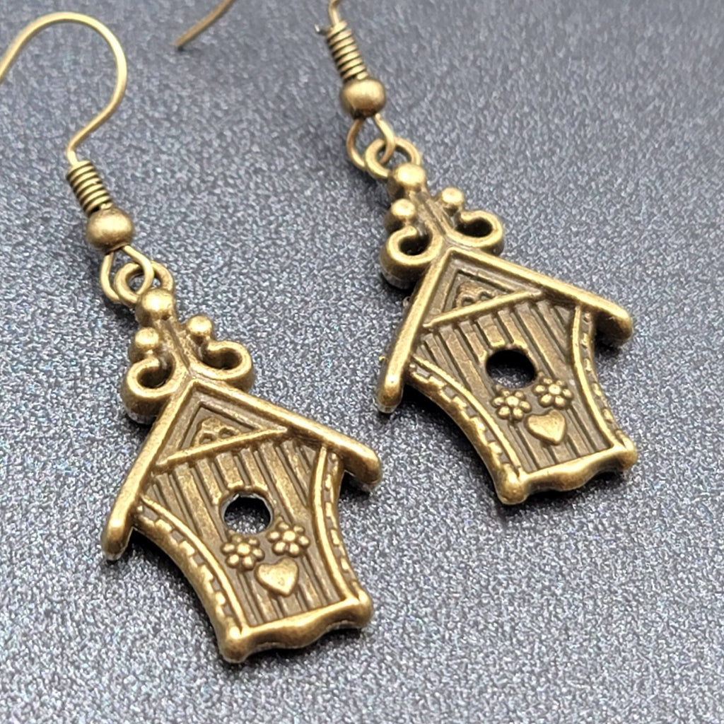 Birdhouse Pierced Earrings Bronze tone Dangle 3D Embossed 1 1/8"