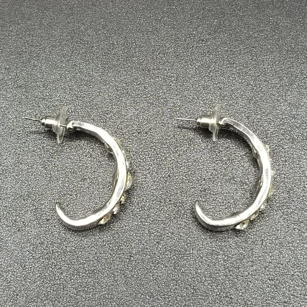 Pierced Earrings Silver tone Faceted Crystal Half Hoop Drop 1 1/4"