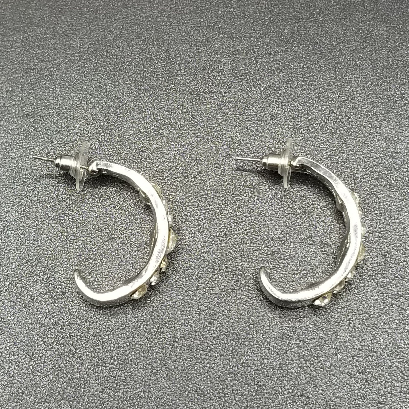 Pierced Earrings Silver tone Faceted Crystal Half Hoop Drop 1 1/4"