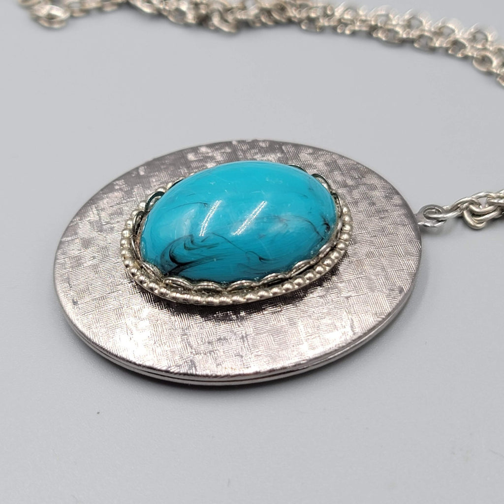Vintage Large Locket Pendant Necklace Blue Acrylic Cabochon 26"