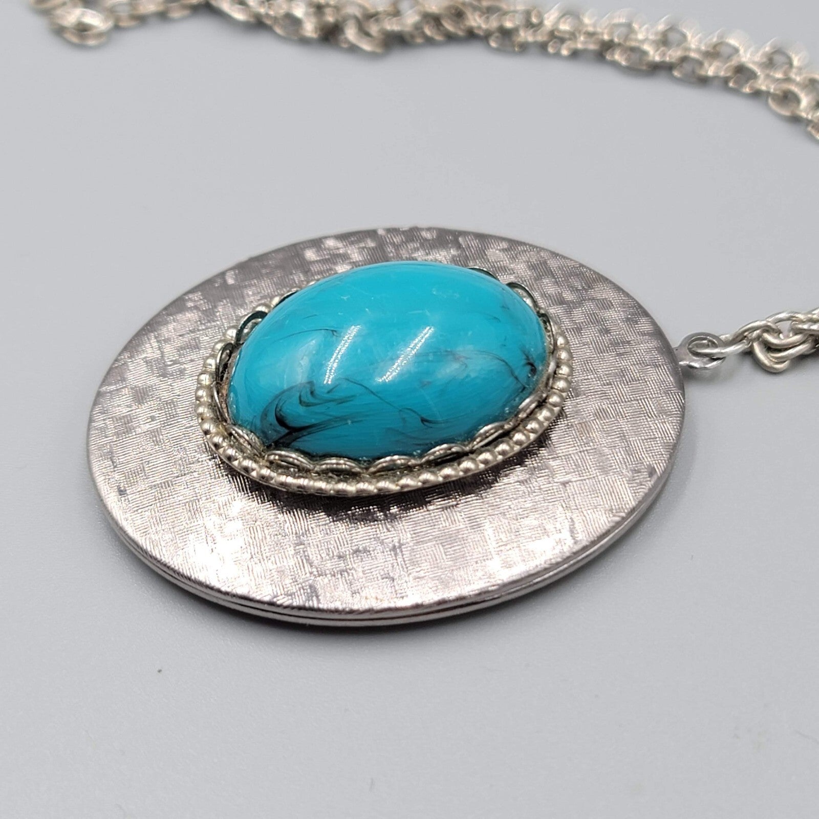 Vintage Large Locket Pendant Necklace Blue Acrylic Cabochon 26"