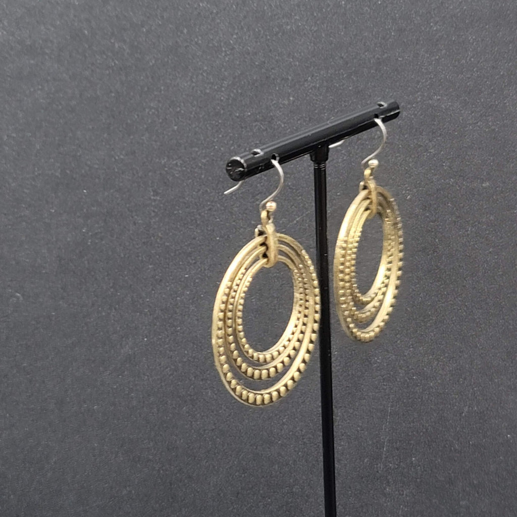 Concentric Ovals Pierced Earrings Bronze tone Embossed Dangle New 1.75"