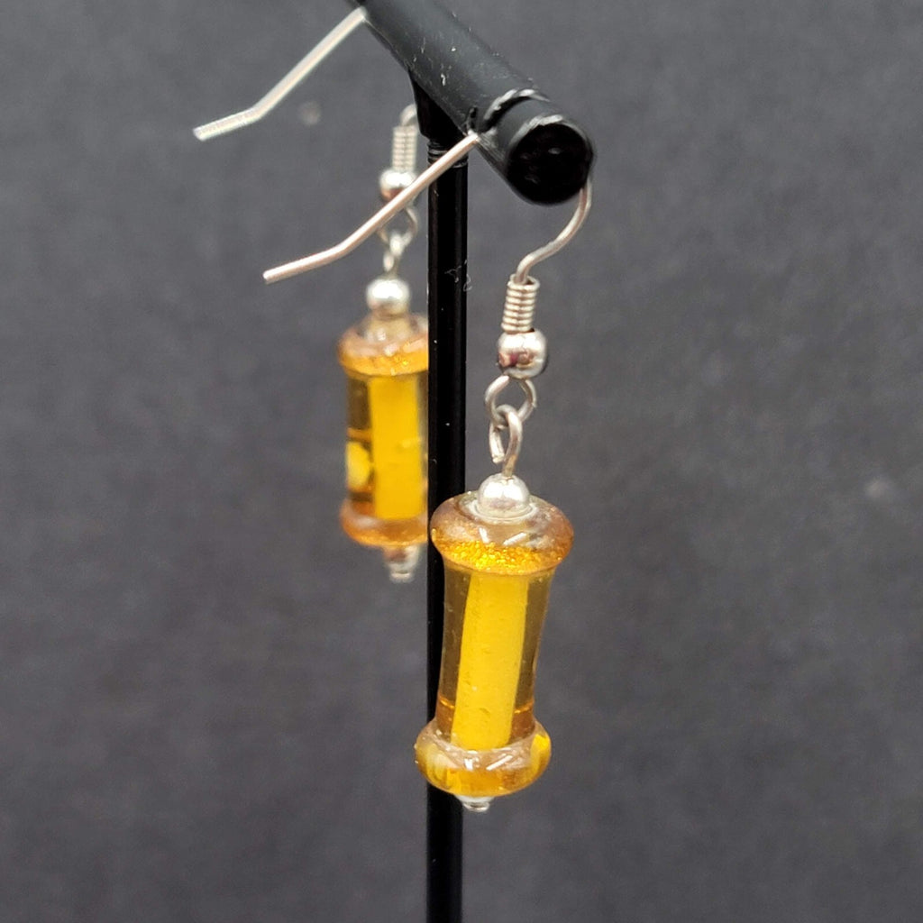 Pierced Earrings Silver tone Orange Art Glass Bead Dangle 1"