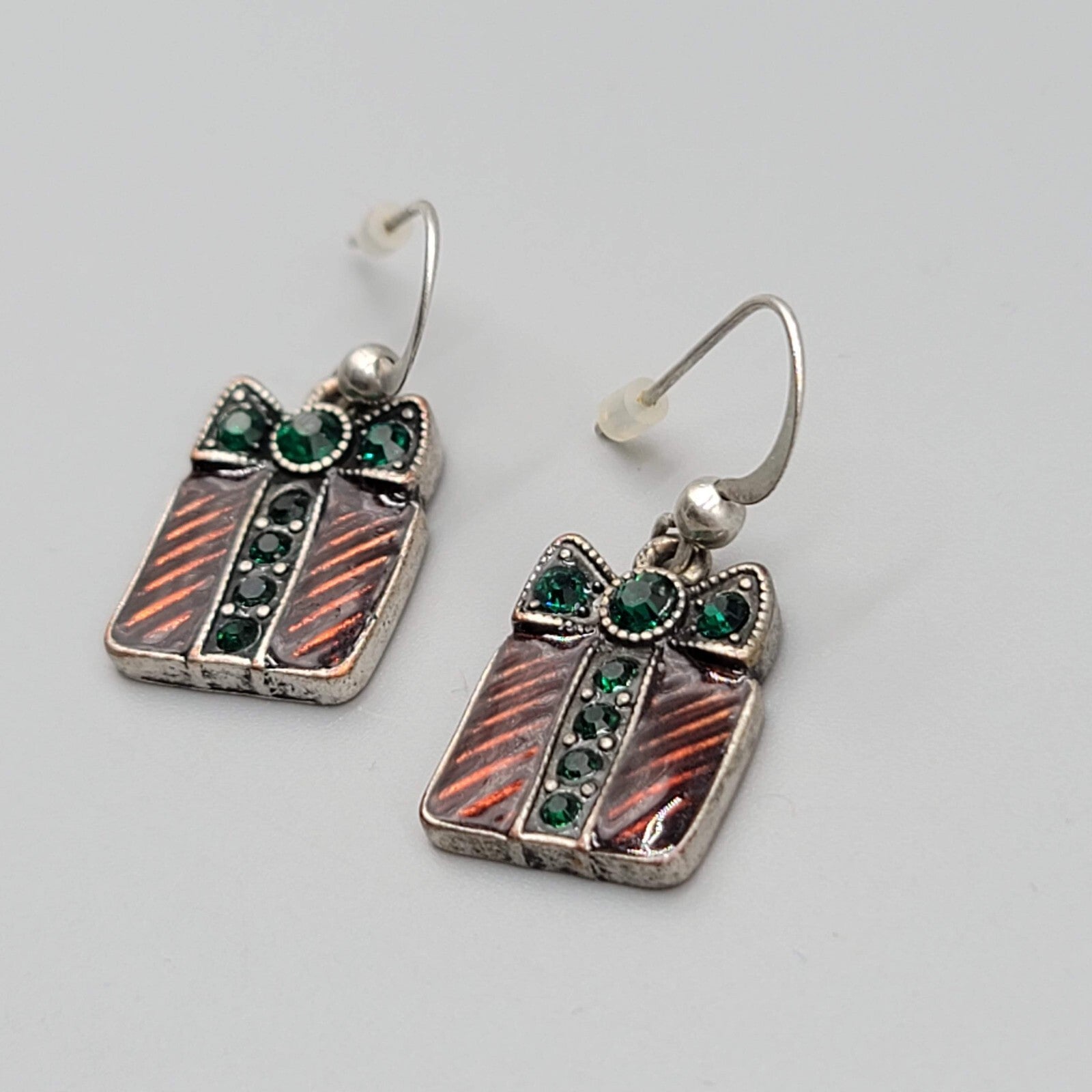 Christmas Present Pierced Earrings Enamel Rhinestone Silver tone Dangle 3/4"
