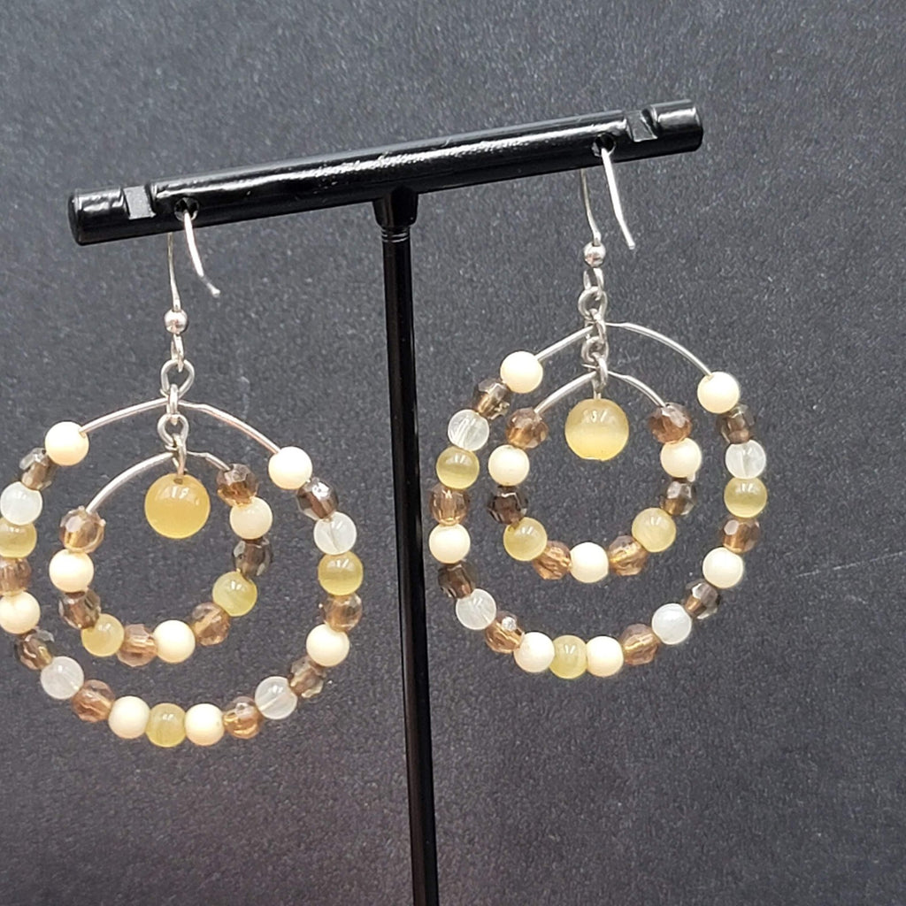 Pierced Earrings Silver tone Brown Beaded Double Hoops 1.5"