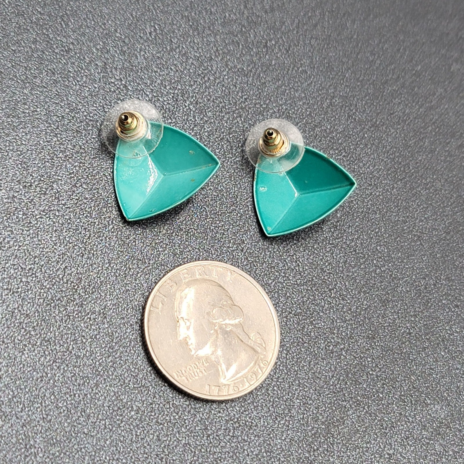 Vintage Pierced Earrings Teal Enamel over Metal Triangle Studs 3/4"