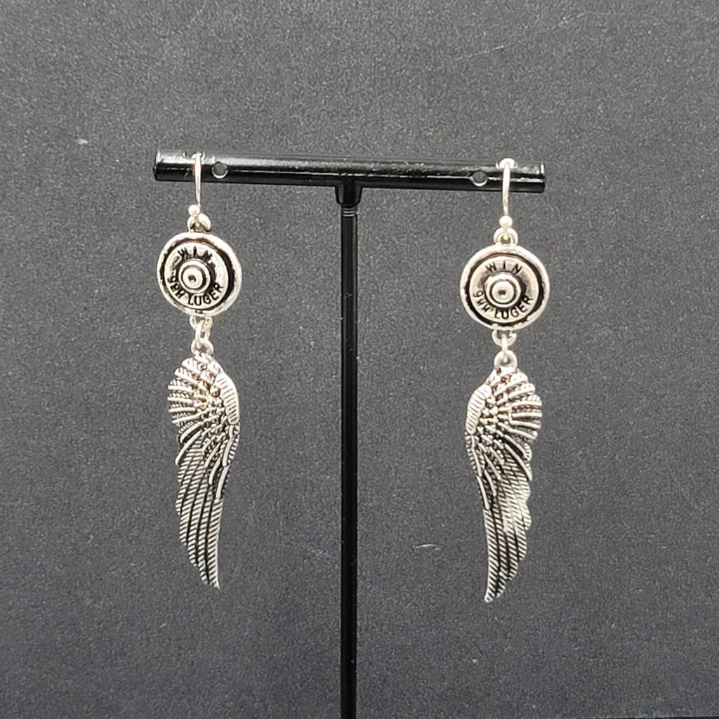 Pierced Earrings Luger Bullet Ends Angel Wings Dangle 2.5"
