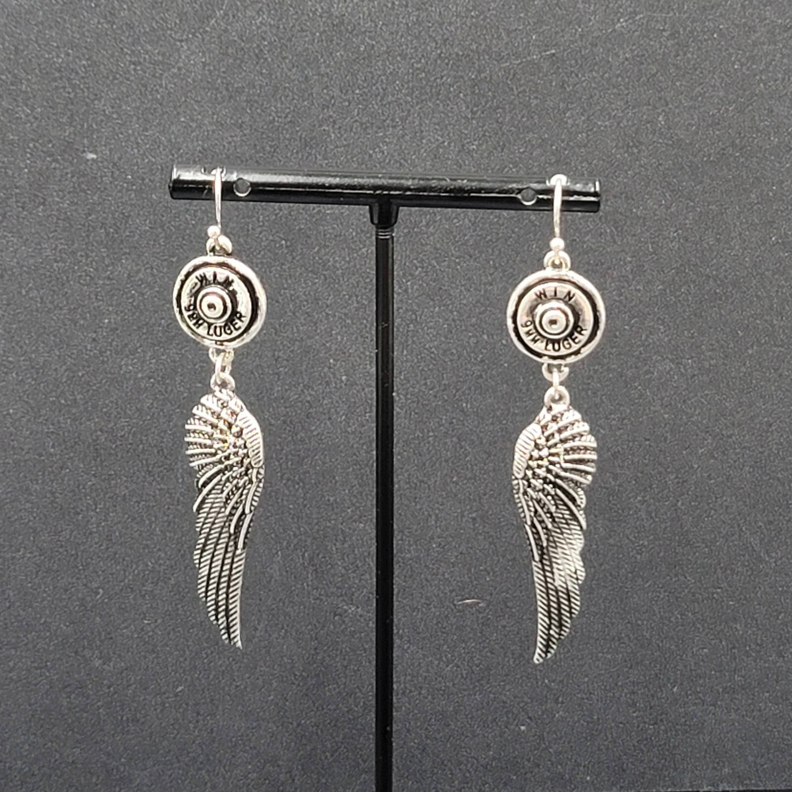 Pierced Earrings Luger Bullet Ends Angel Wings Dangle 2.5"