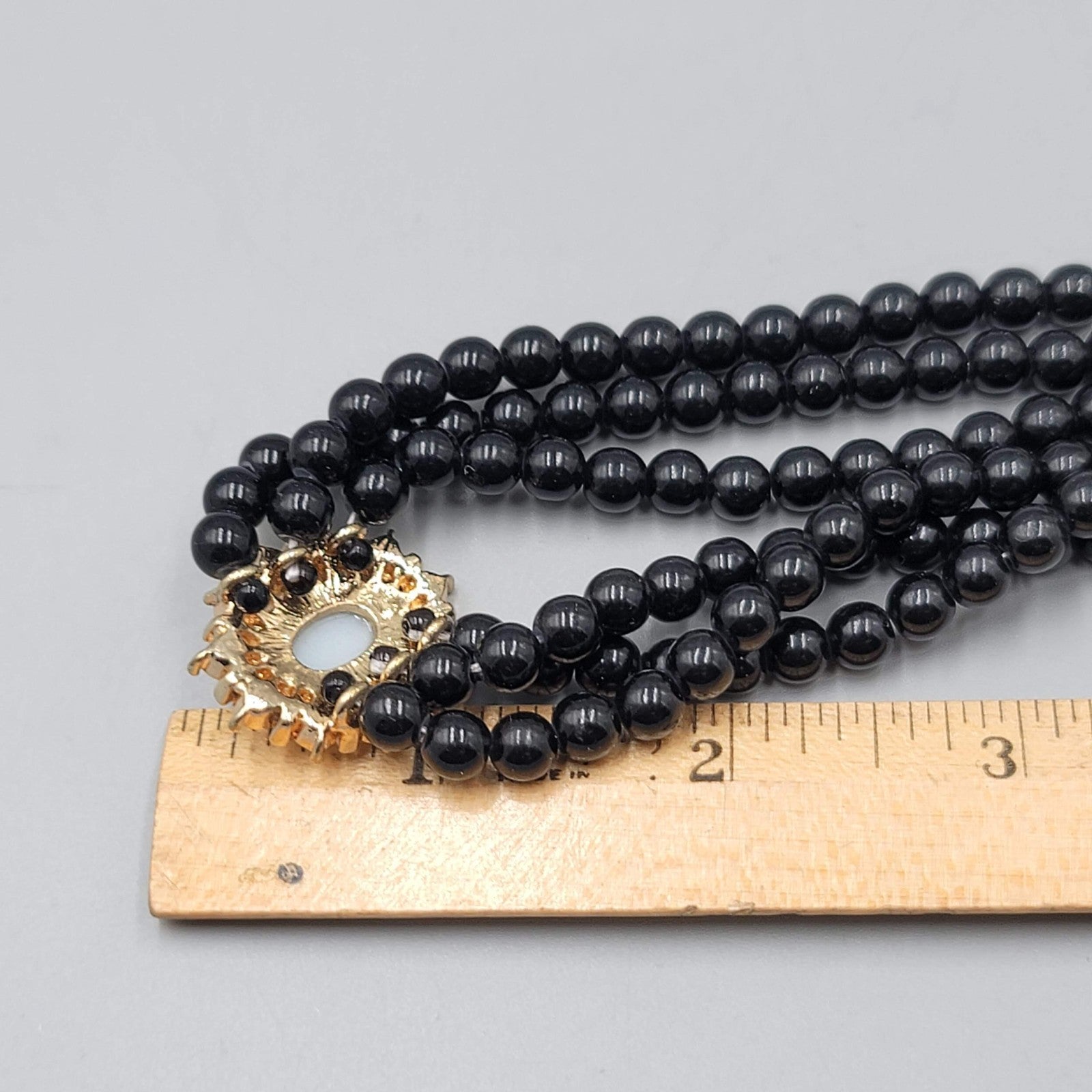 Black Bead Necklace Retro Style Triple Strand Collar Gold tone 16"-18"