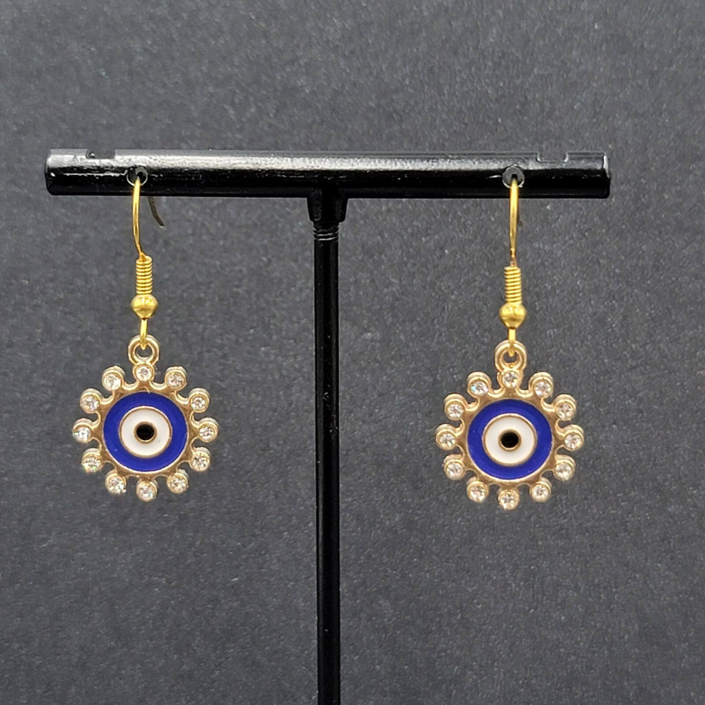 New Evil Eye Rhinestone Pierced Earrings Crystal Gold tone Blue Enamel 3/4"