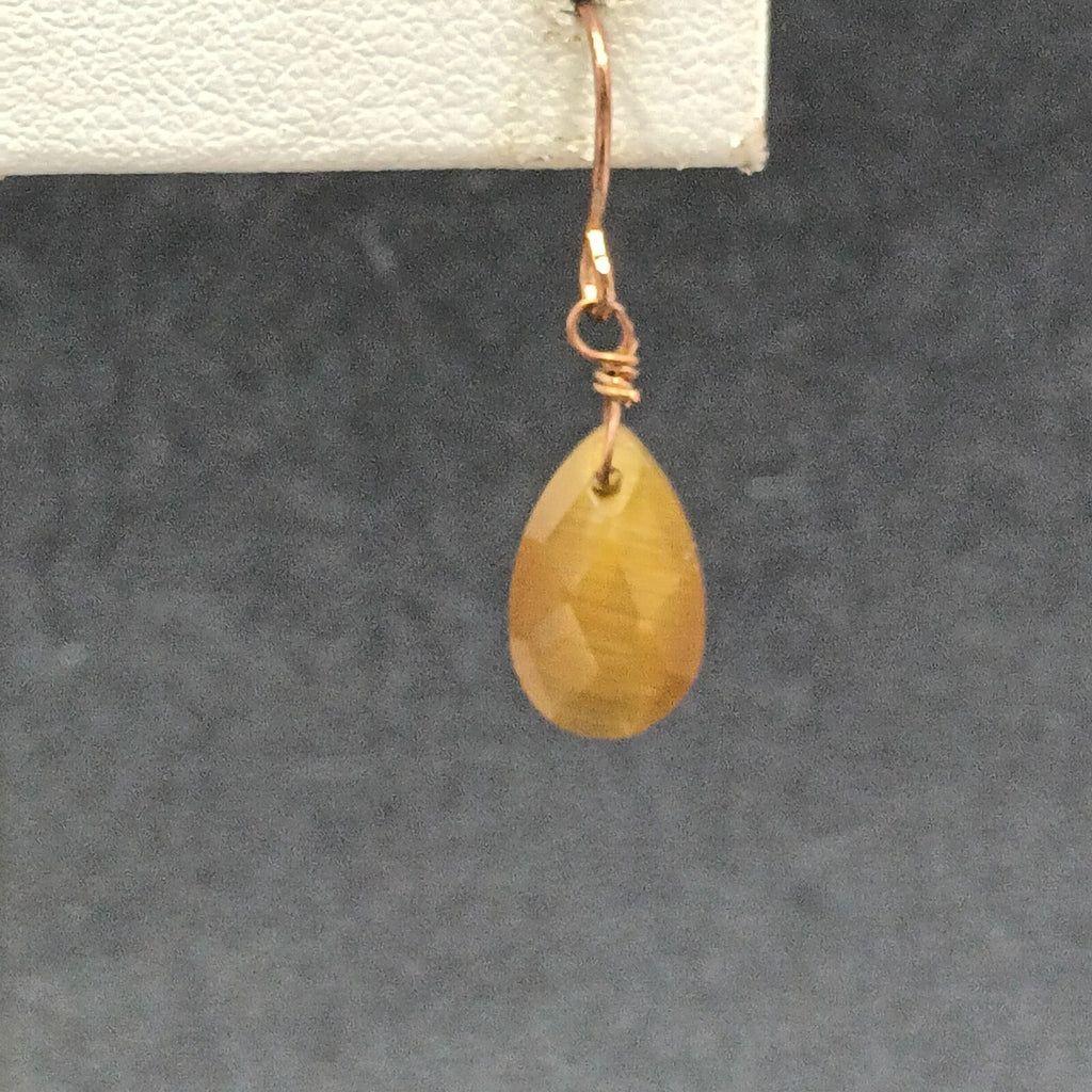 Pierced Earrings Faceted Yellow Chatoyant Glass Teardrop Copper tone Dangle 1/2"