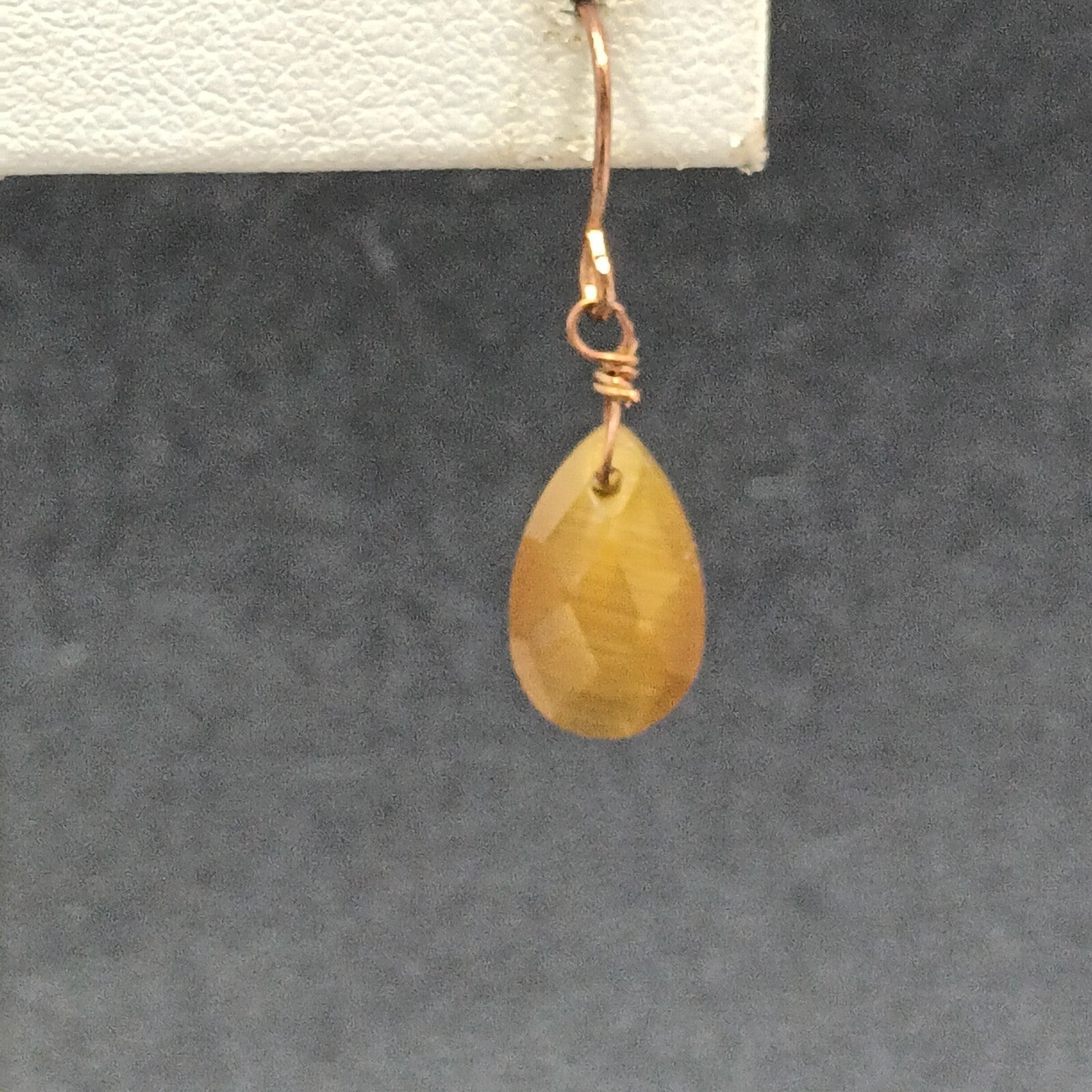Pierced Earrings Faceted Yellow Chatoyant Glass Teardrop Copper tone Dangle 1/2"