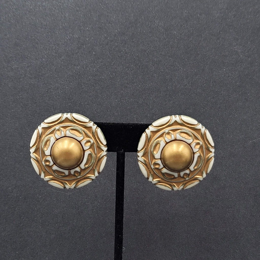 Vintage Pierced Earrings Large Statement Engraved Green Gold White Acrylic  1.5"