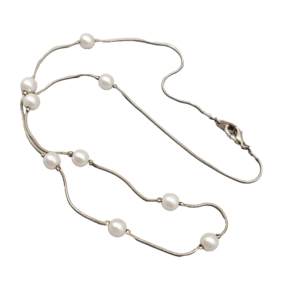 Faux Pearl Bead Station Necklace Silver tone 24 in
