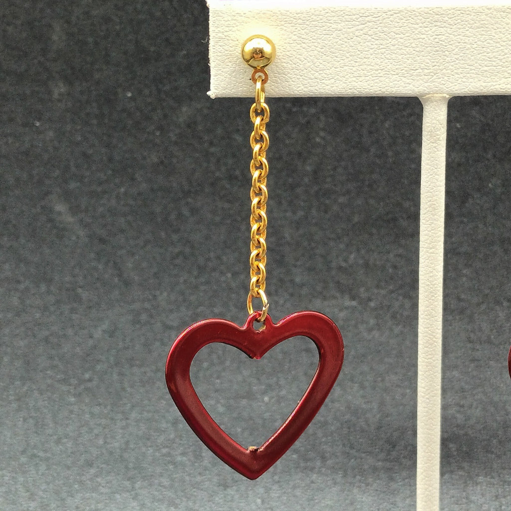 Pierced Earrings Gold tone Chain Sparkle Red Enamel Open Heart 2 1/2"