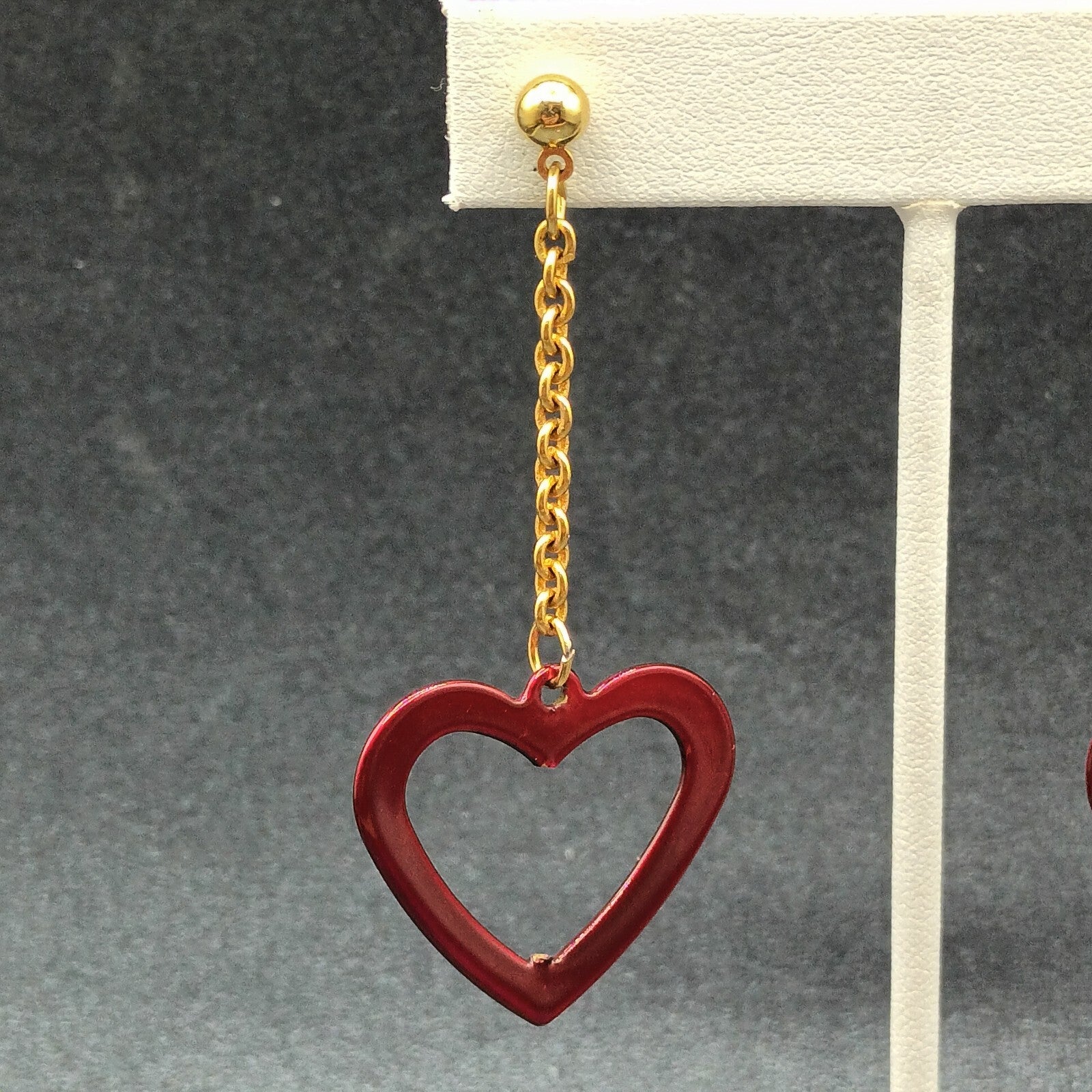Pierced Earrings Gold tone Chain Sparkle Red Enamel Open Heart 2 1/2"