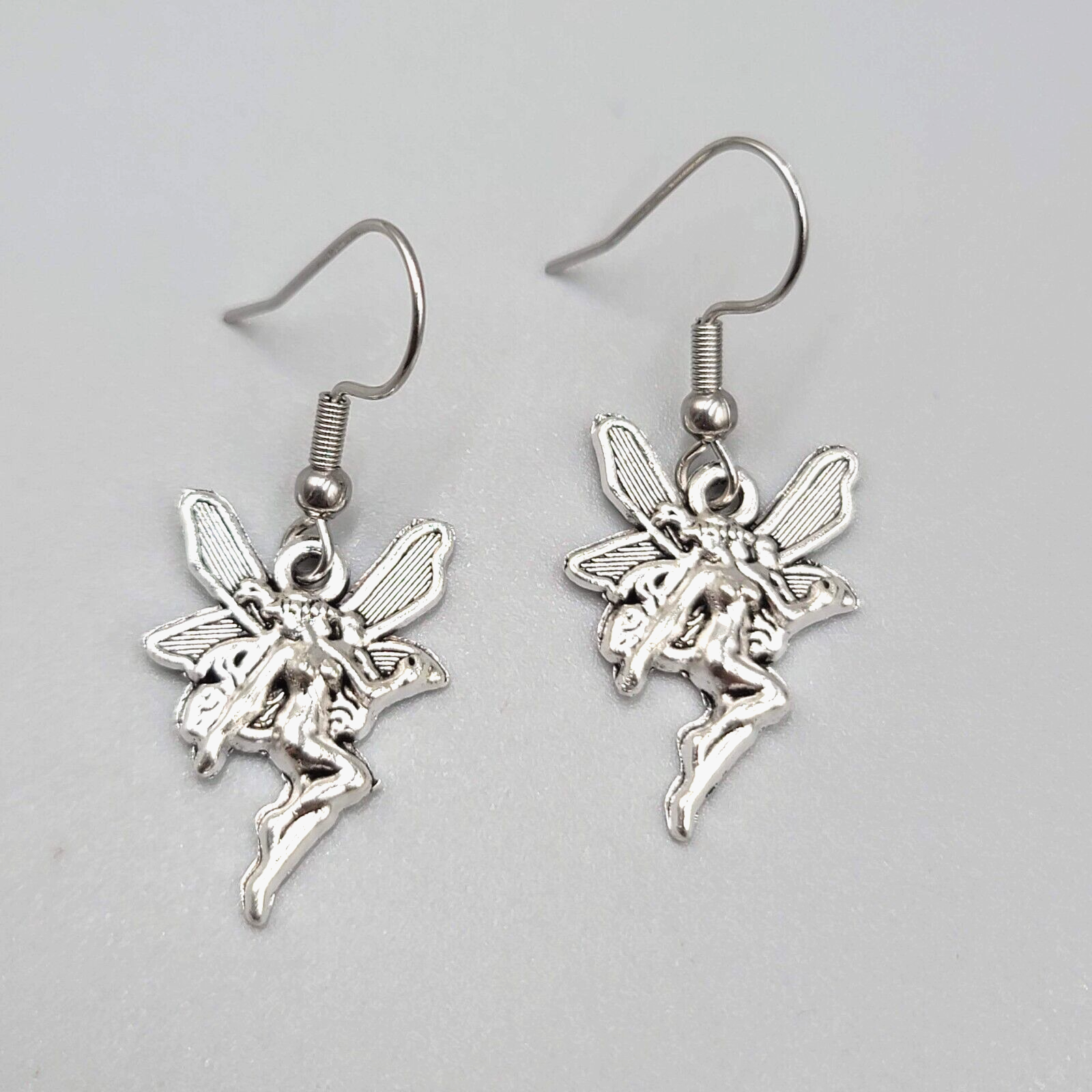 Fairy Pierced Earrings Embossed Silver tone Dangle 3/4"