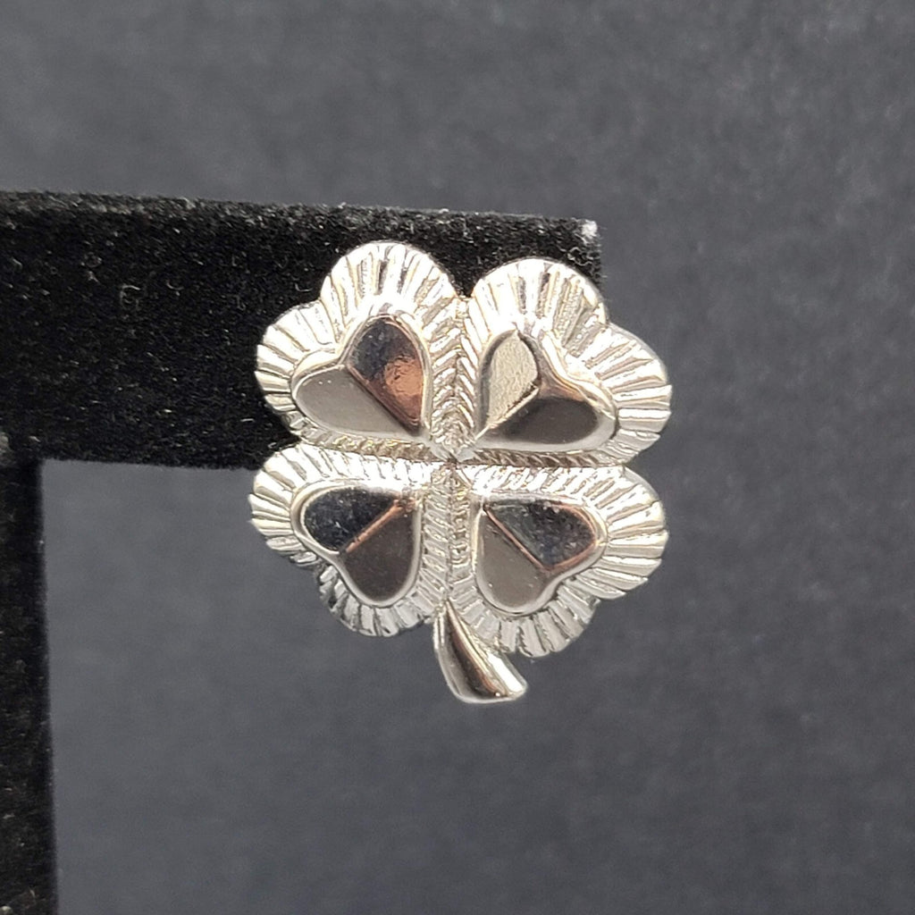 Vintage Pierced Earrings Shiny Silver tone 4 Leaf Shamrocks 1"