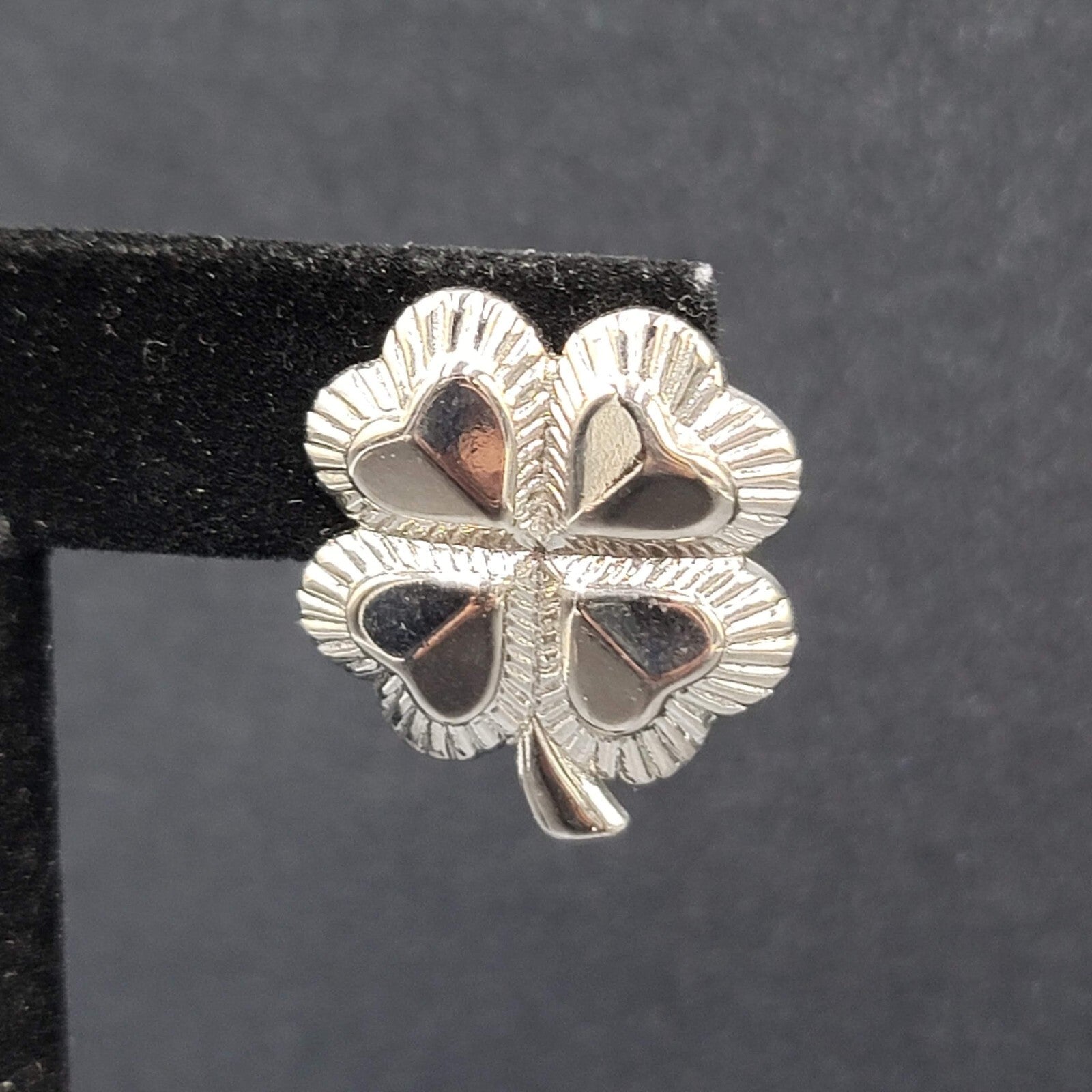 Vintage Pierced Earrings Shiny Silver tone 4 Leaf Shamrocks 1"