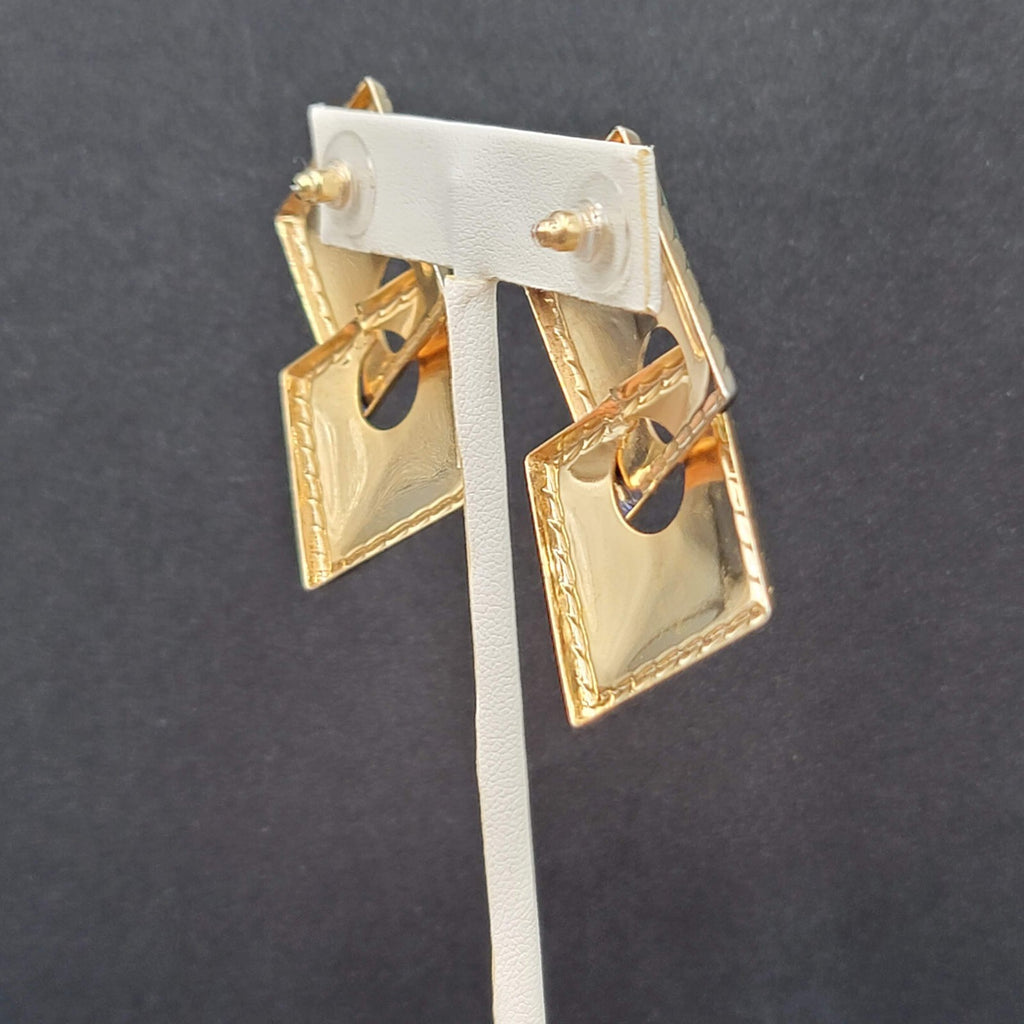 Vintage Pierced Earrings Gold tone Blue Teal Enamel Double Square Drop 2"