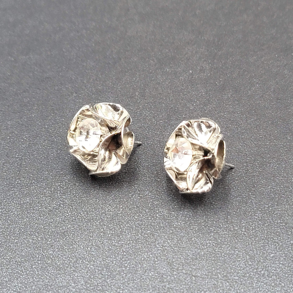 Pierced Earrings Silver tone Rhinestones Flower 3D Studs  3/4"