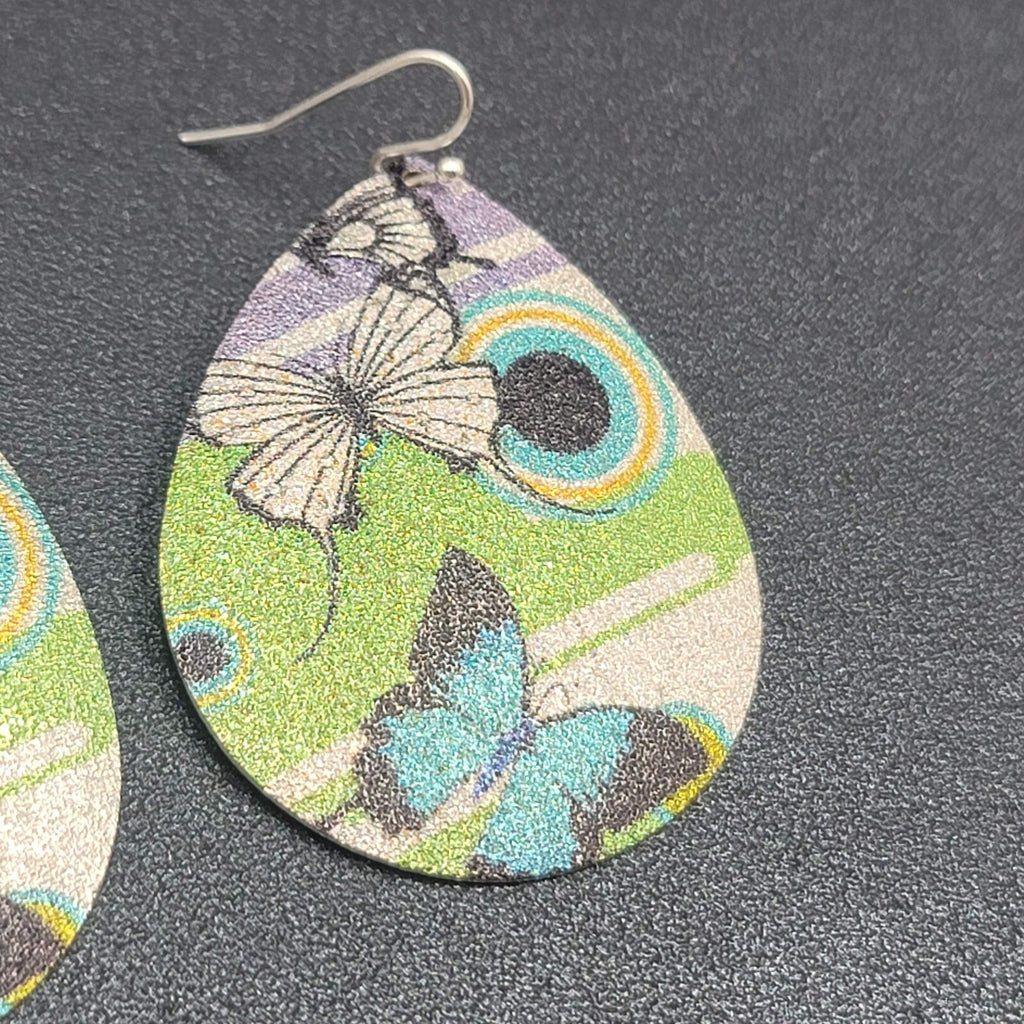 Pierced Earrings Silver tone Textured Butterfly  Teardrop Dangle 2"