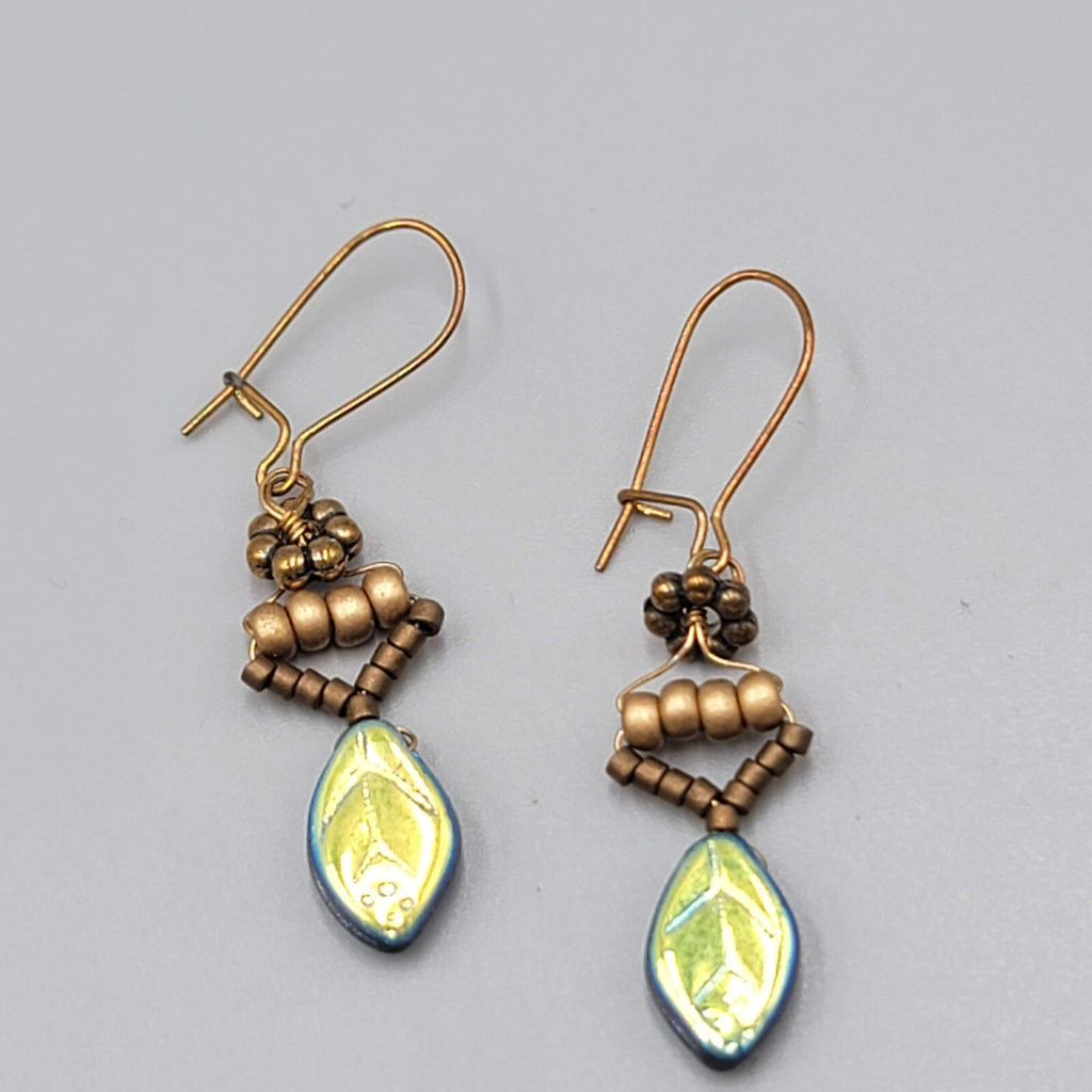 Glass Leaf Iridescent Pierced Earrings Beaded Copper tone Dangle 1"