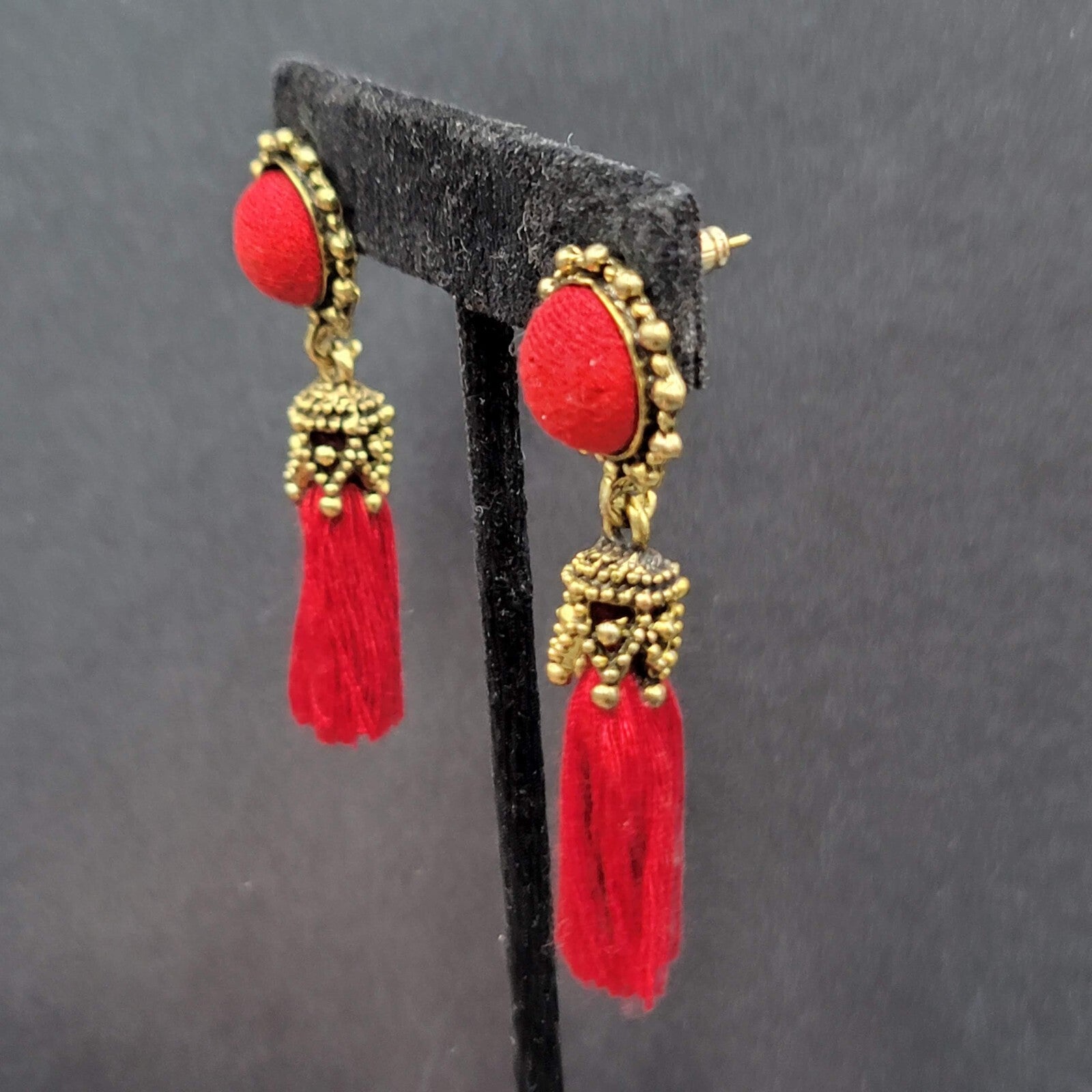 Boho Pierced Earrings Antiqued Gold tone Red String Tassel 2"