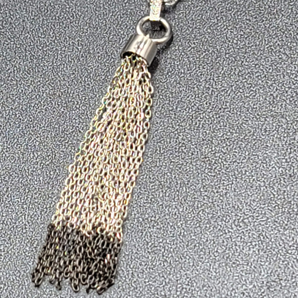 Fossil Tassel Pendant Necklace Silver tone Crystal Rhinestones Long 30"-32"