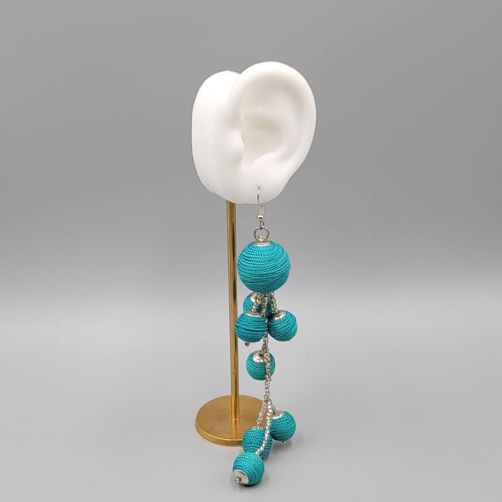 Statement Blue Thread Wrapped Beaded Dangle Earrings Silver Tone 5.5"