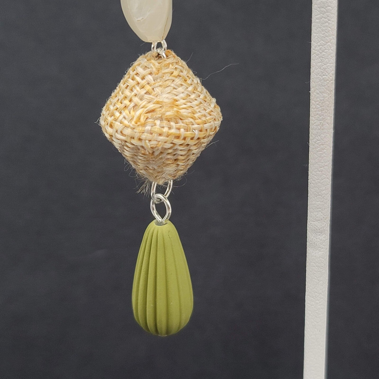 Boho Pierced Earrings Silver tone Acrylic Bead Canvas Dangle 3"