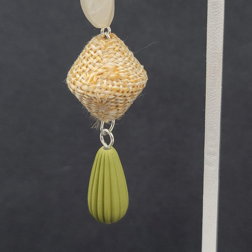 Boho Pierced Earrings Silver tone Acrylic Bead Canvas Dangle 3"