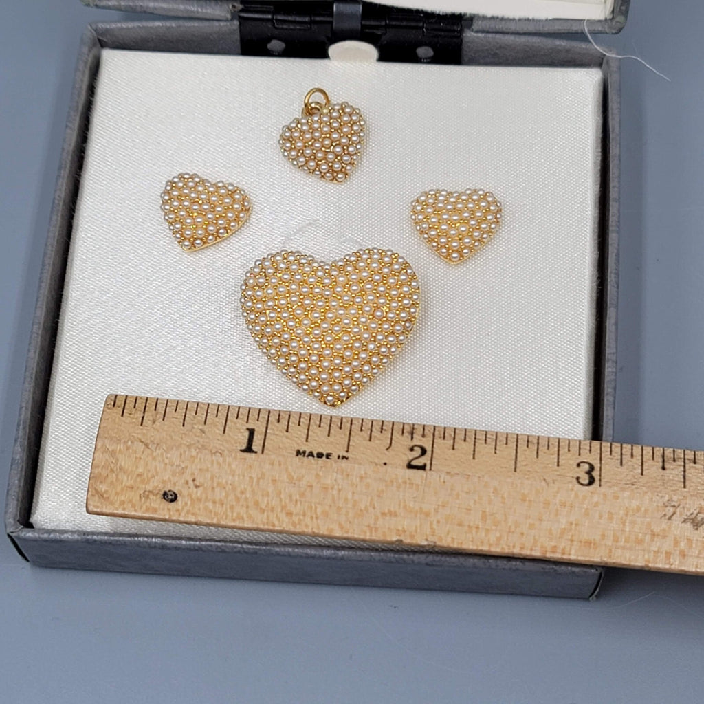 Napier Faux Pearl Cluster Heart Brooch Pierced Earrings Set Matching Pendant