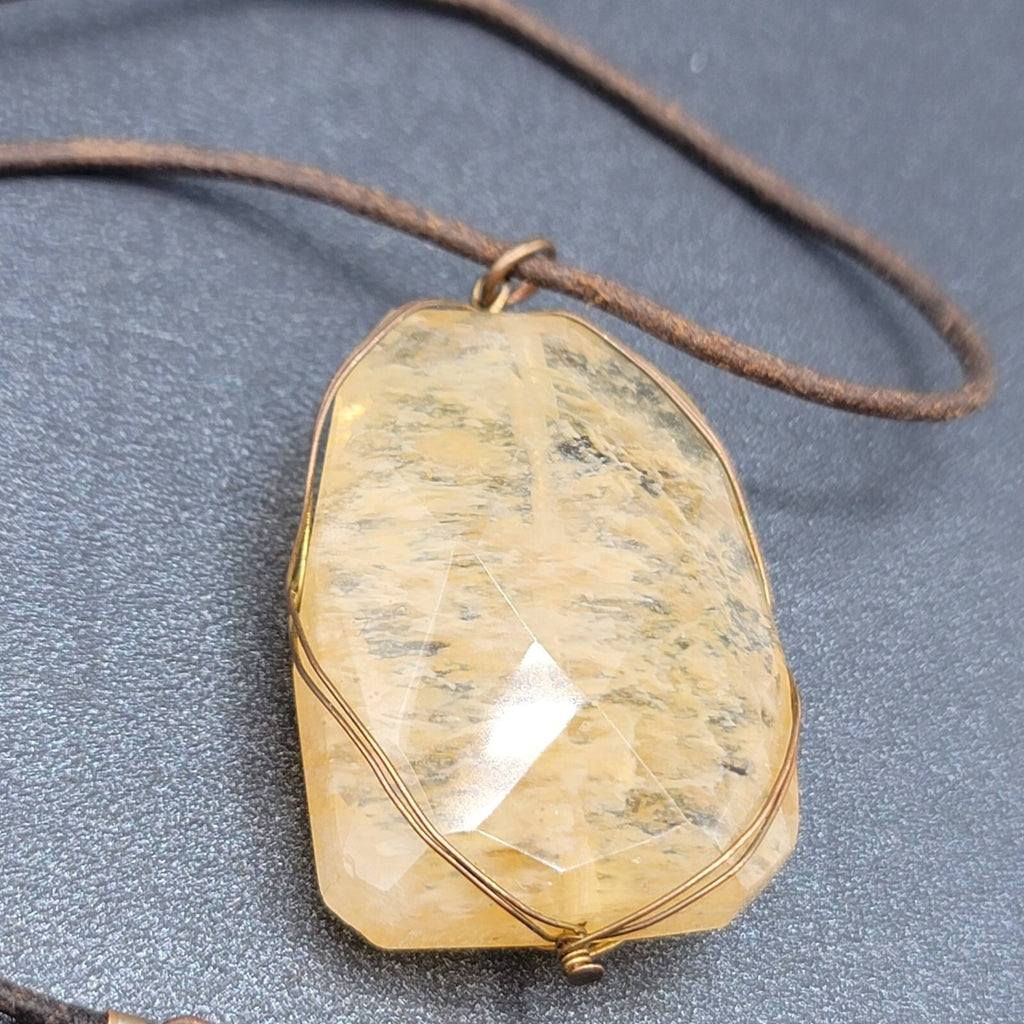 Natural Quartz Pendant Necklace Brown Leather Cord 16"-19"