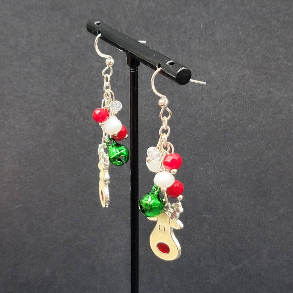 Christmas Pierced Earrings Silver tone Reindeer Jingle Bells 2"