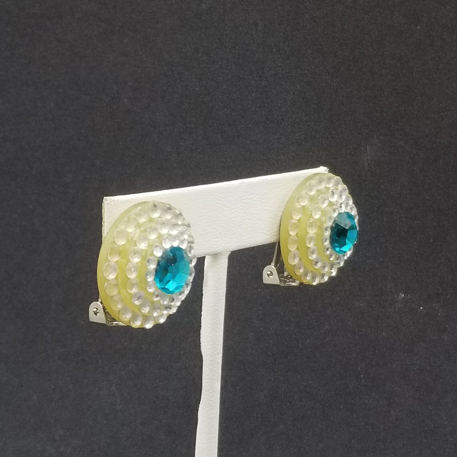 Clip on Earrings Blue Crystal Button Style Stud 7/8"
