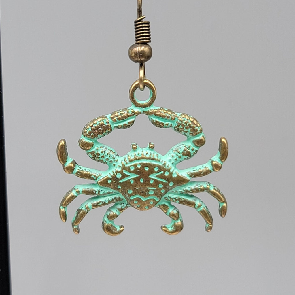 Crab Beach Sea life Pierced Earrings Bronze tone Green wash Dangle 7/8"
