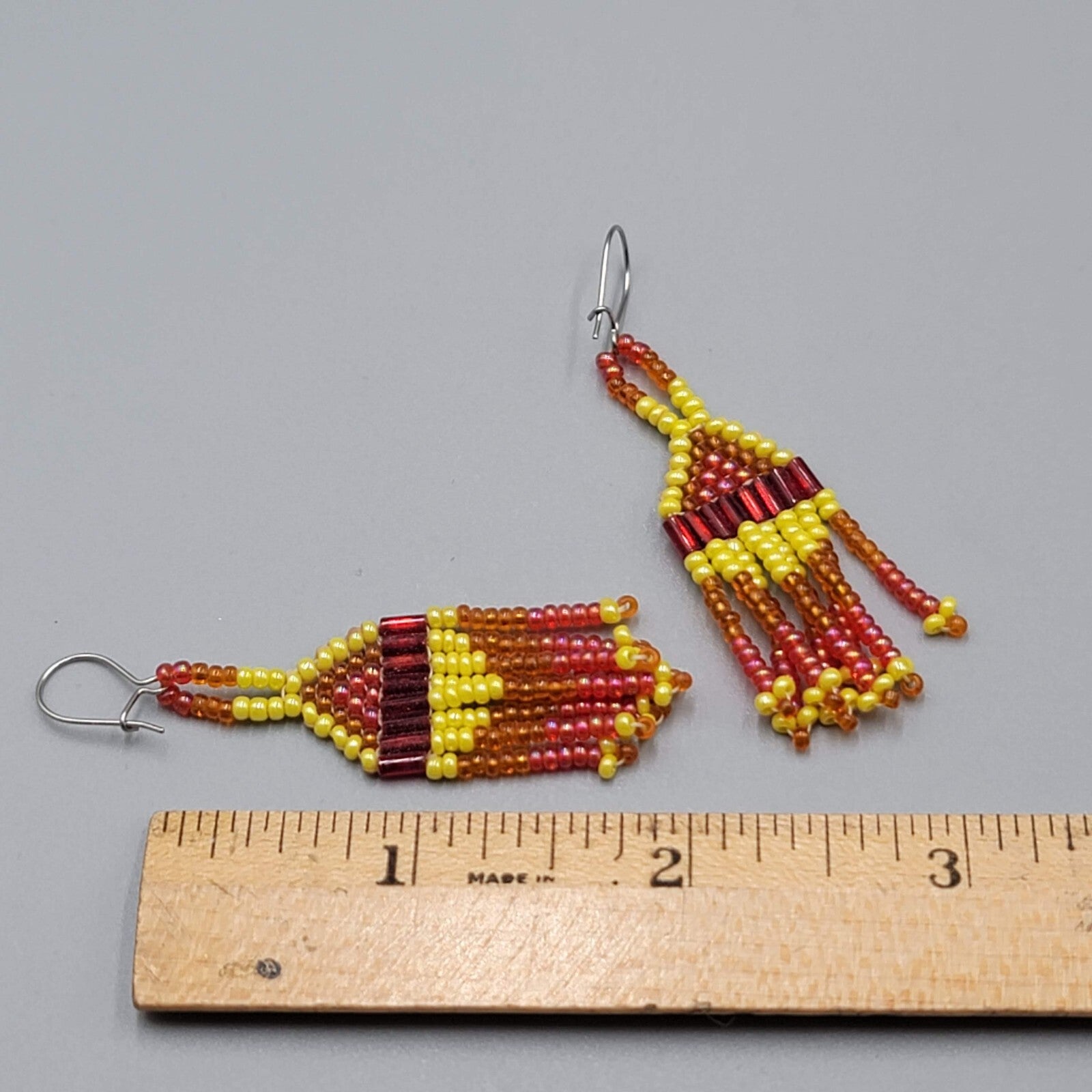 Vintage Seed Bead Pierced Earrings Orange Yellow Red Dangle 2"