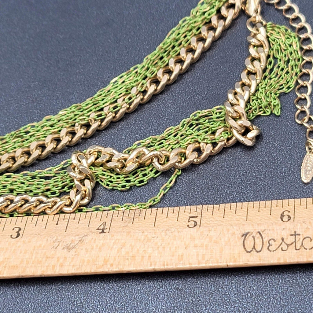 VCLM Multi Chain Necklace Gold tone Green Enamel 16-19 in