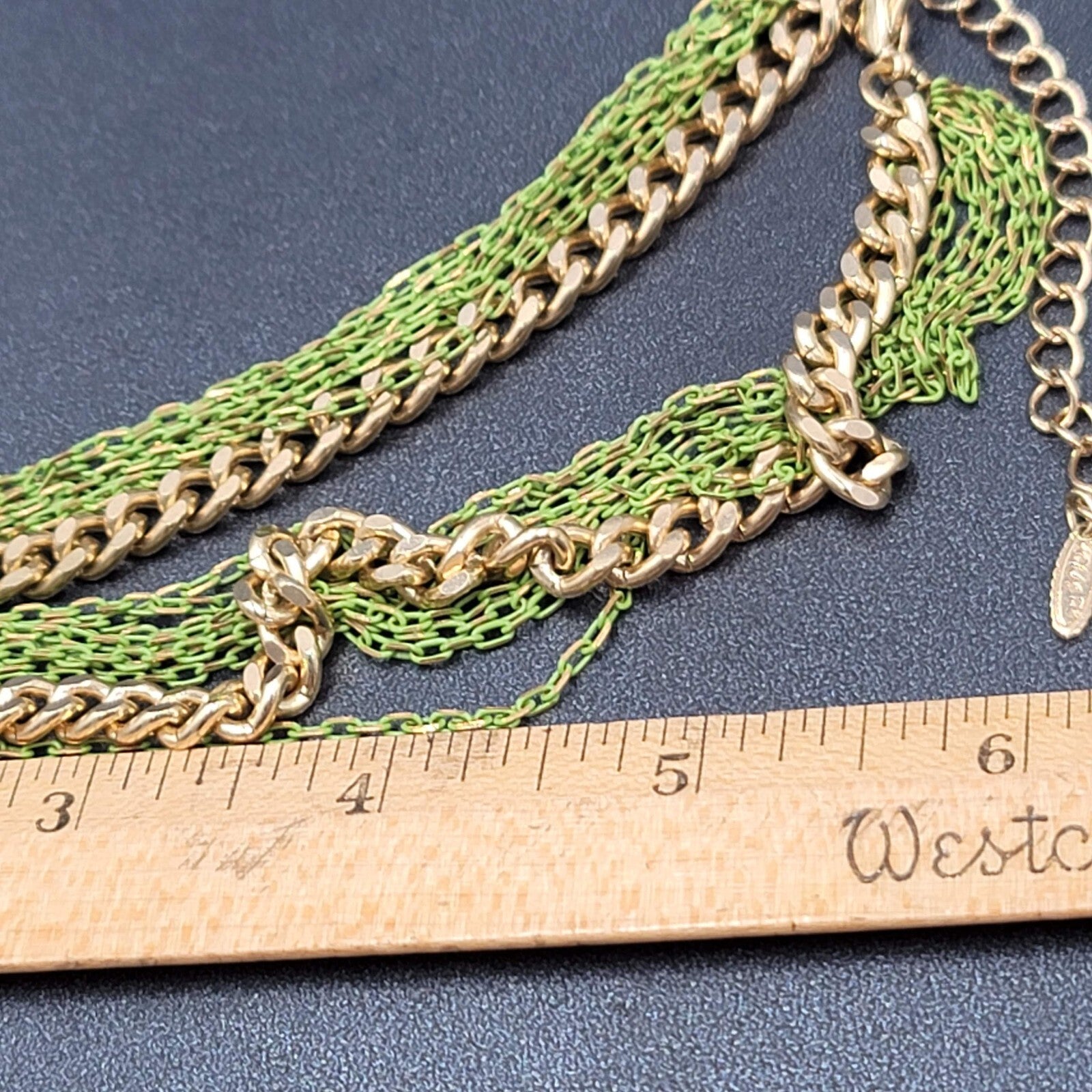 VCLM Multi Chain Necklace Gold tone Green Enamel 16-19 in