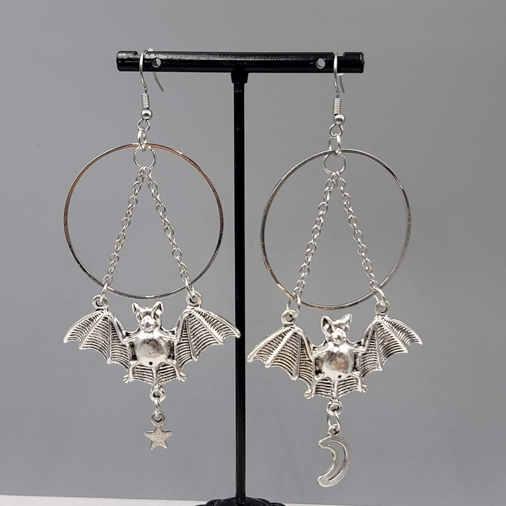 Bat Star Moon Pierced Earrings Large Gothic Punk Silver tone Dangle NEW 3.5"