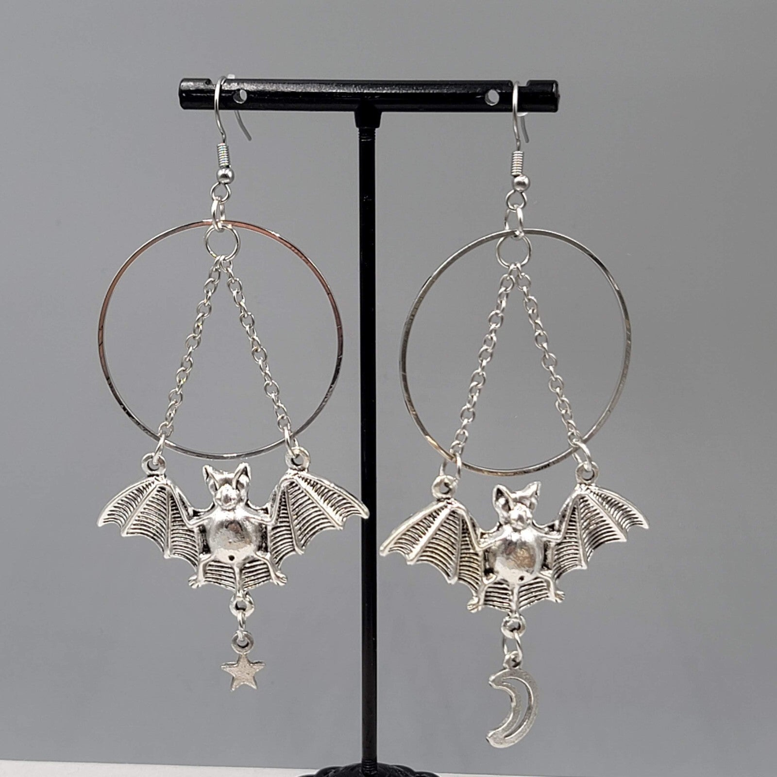 Bat Star Moon Pierced Earrings Large Gothic Punk Silver tone Dangle NEW 3.5"