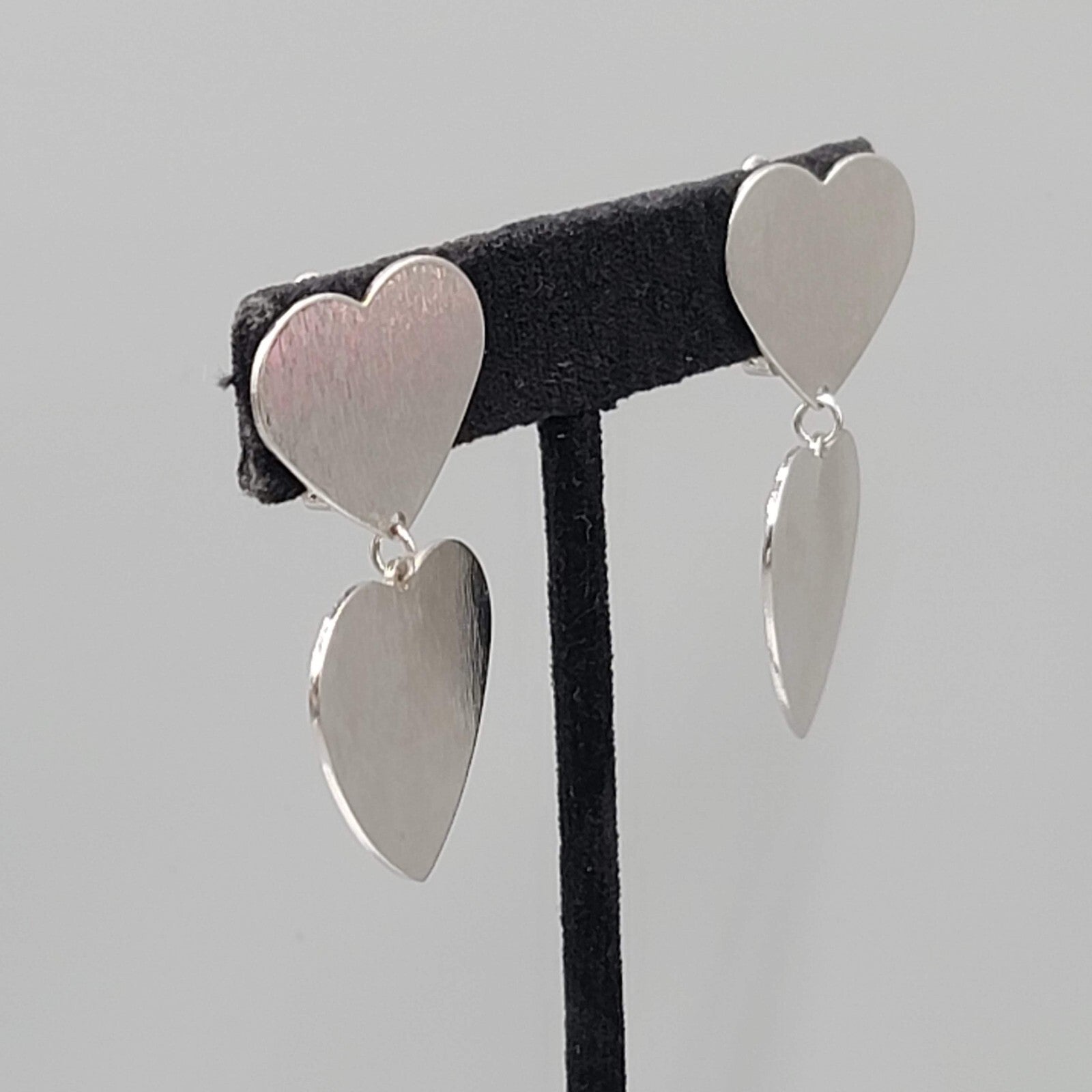 Double Heart Clip on Earrings Textured Silver tone Dangle 1 5/8"