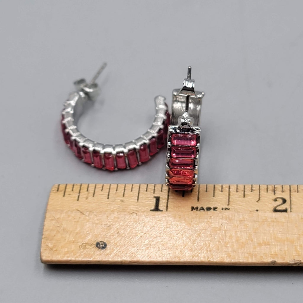 Pink Crystal Baguette Hoops Pierced Earrings Silver tone 7/8 in
