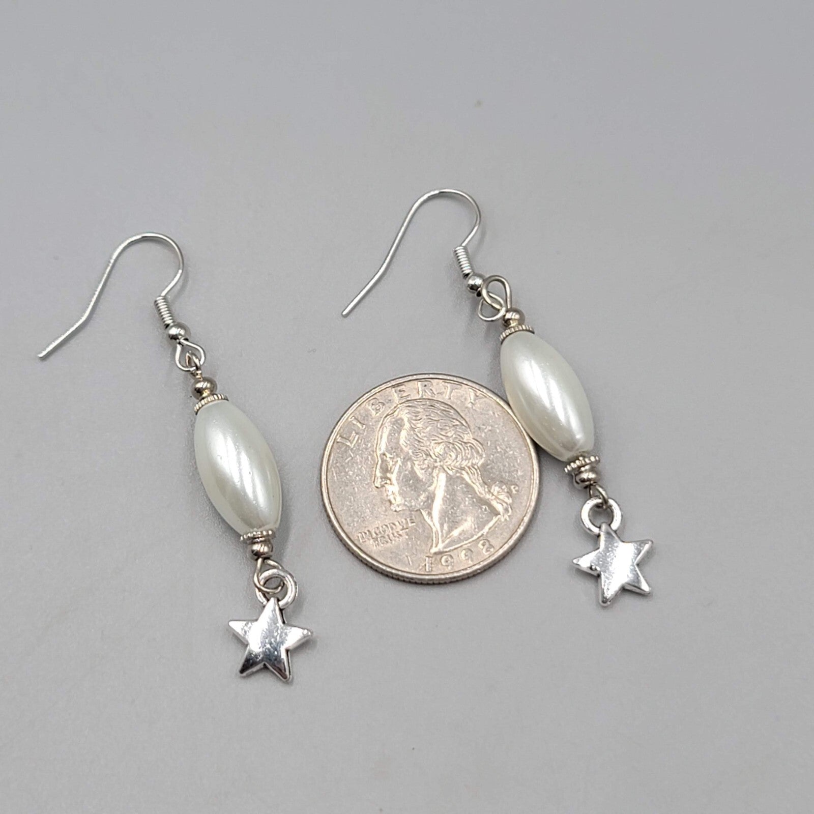 White Satin Finish Bead Star Pierced Earrings Silver tone Dangle 1.5"