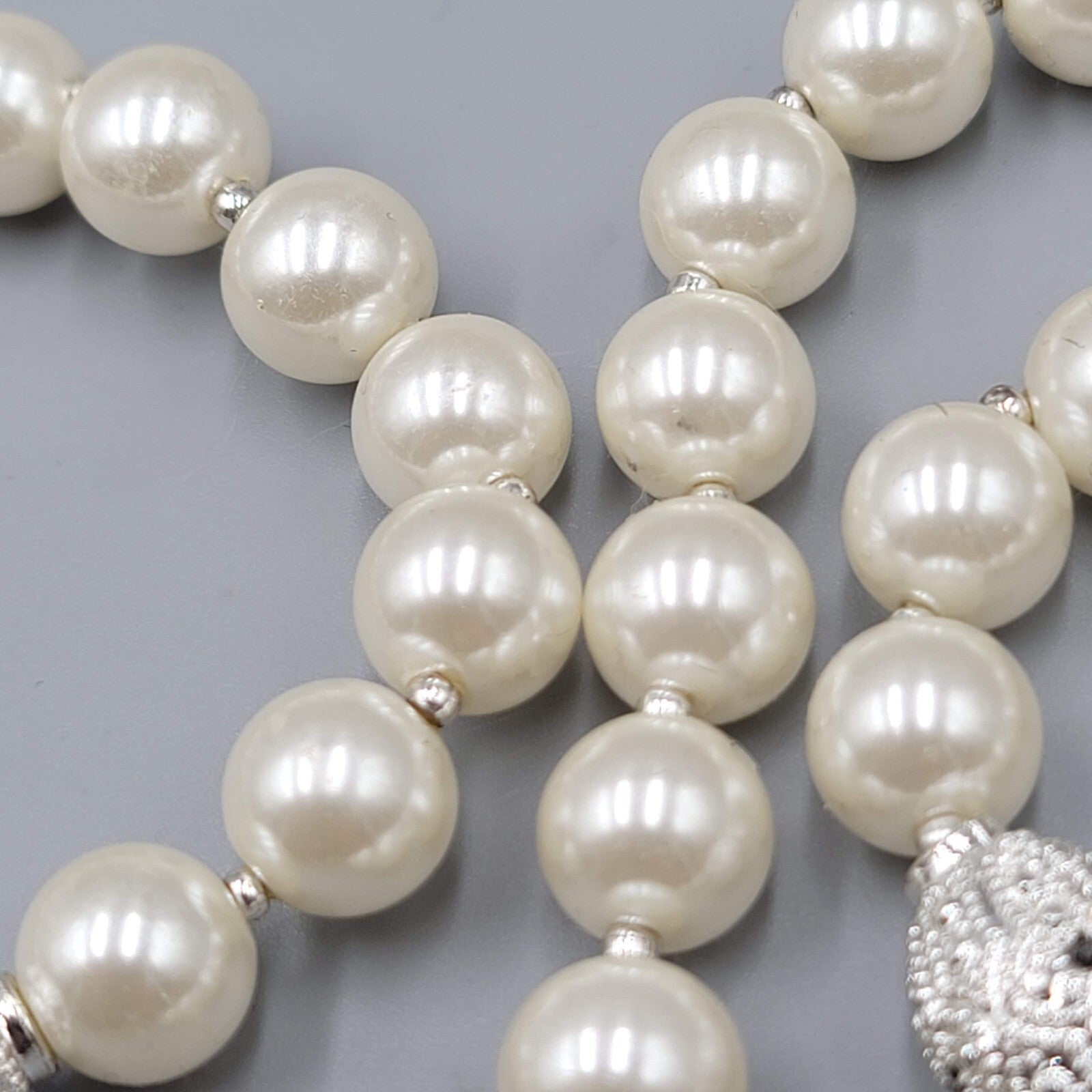 White Beads Silver tone Rhinestone Necklace and Bracelet Set Faux Pearl