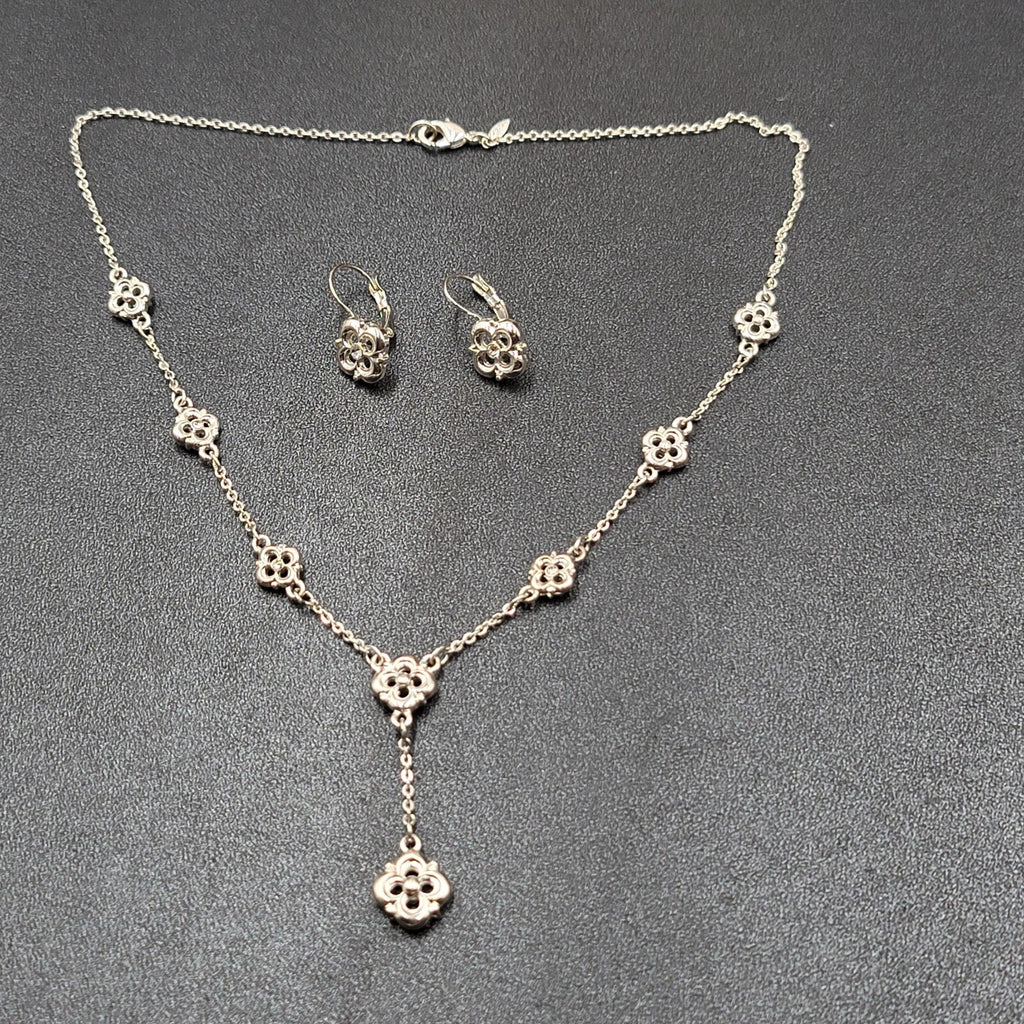 Avon Clover Y Necklace and Pierced Earring Set Crystal Silver Plated 17" 1/2"