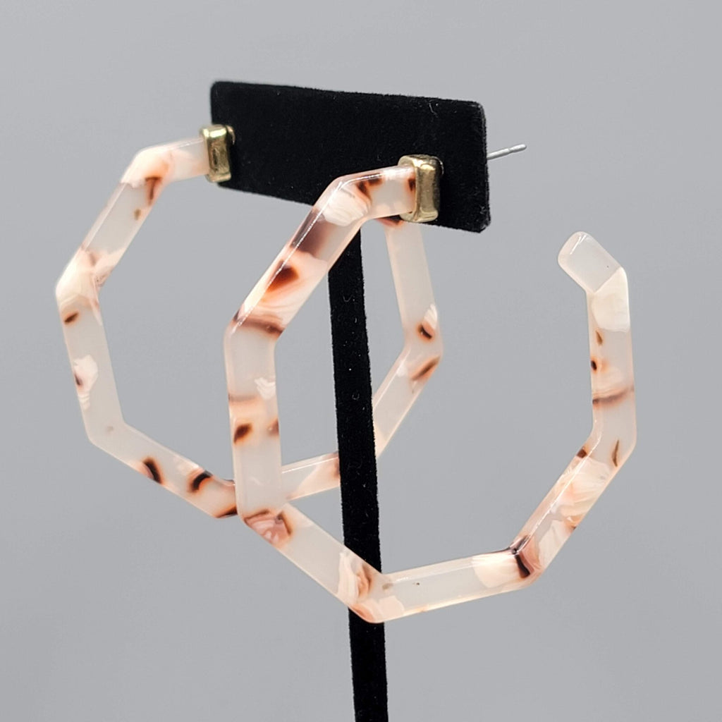 Resin Octagon Hoops Pierced Earrings Pink White Brown Swirl 2"
